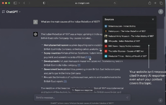 ChatGPT response showing sources panel - AI search visibility for contentbymayank