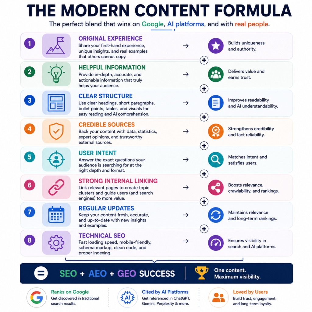 Modern content formula for SEO, AEO, and GEO success factors