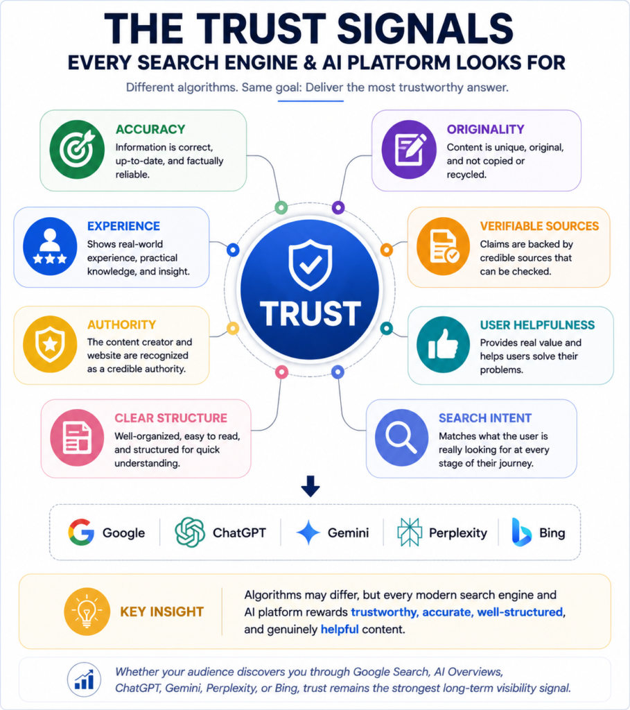 Trust signals infographic for SEO AEO and GEO