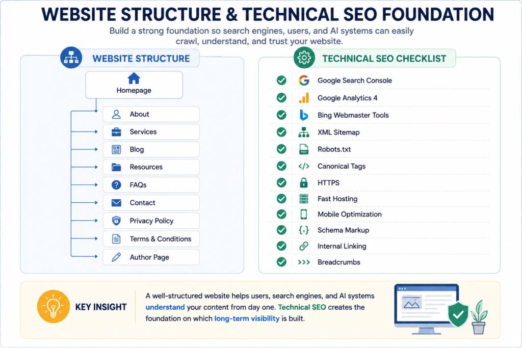 Website structure and technical SEO checklist infographic